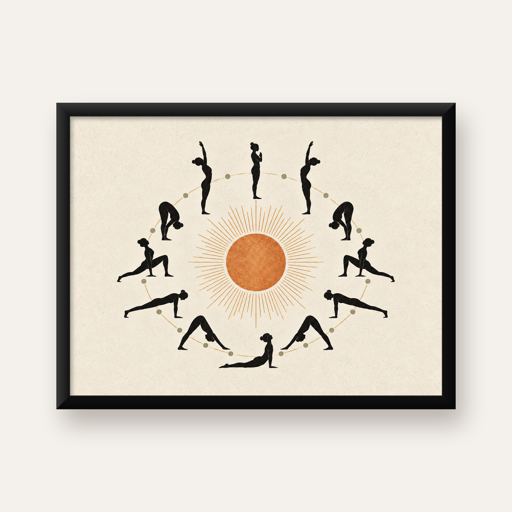 Yoga Pozları ve Güneş Minimalist Kadın Poster Sanat Baskısı — Yatay baskı, düz siyah çerçeveli duvar posteri
