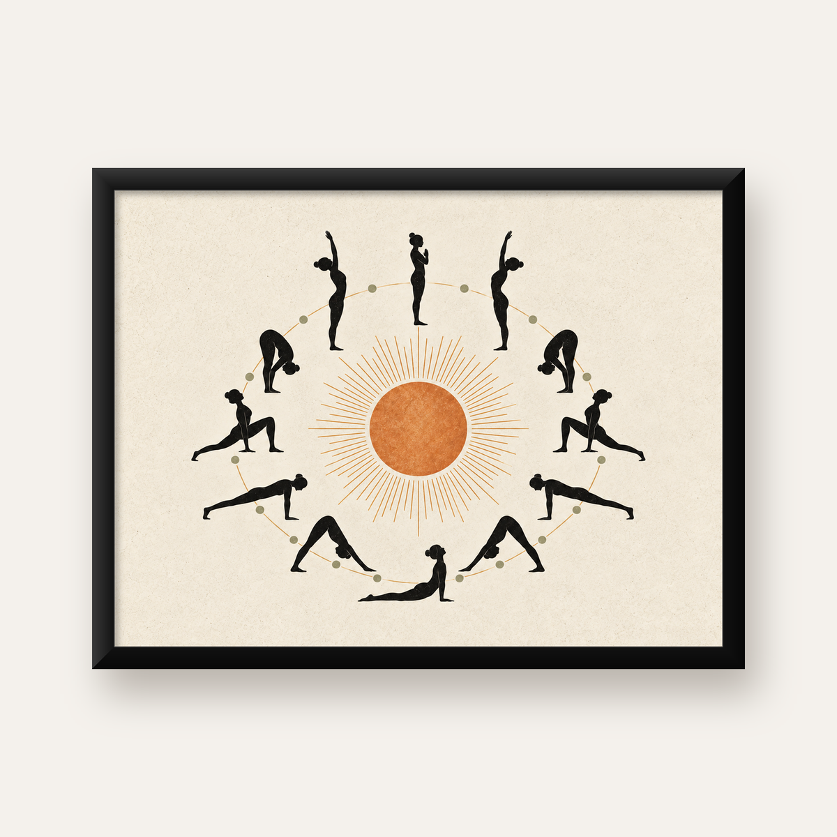 Yoga Pozları ve Güneş Minimalist Kadın Poster Sanat Baskısı — Yatay baskı, düz siyah çerçeveli duvar posteri