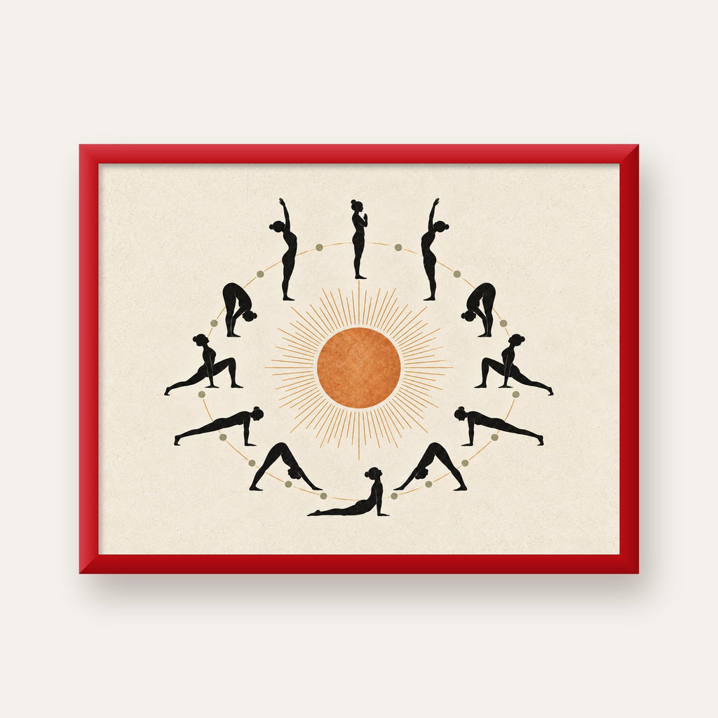 Güneş Selamı Döngüsü Yoga Poster — kırmızı çerçeveli