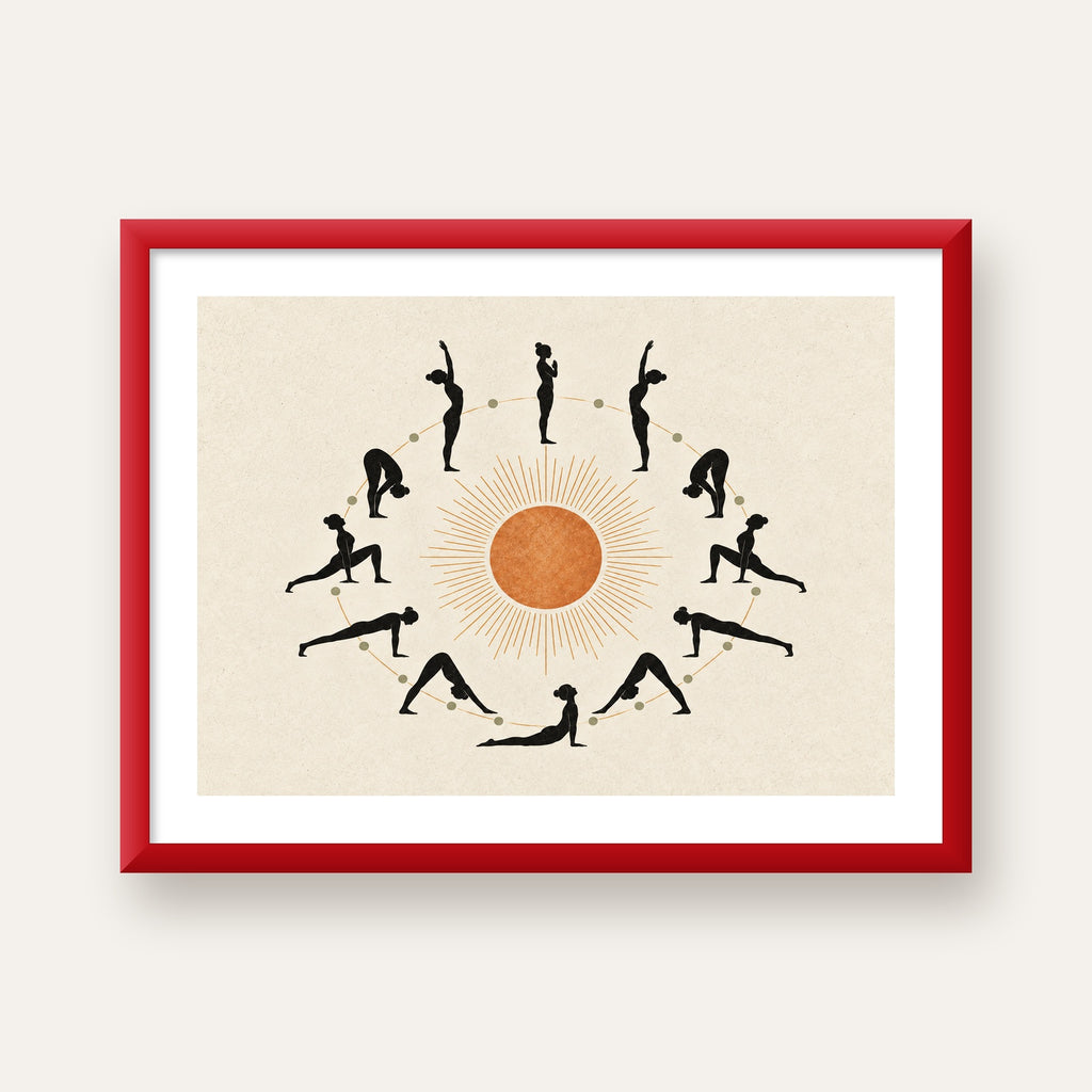 Güneş Selamı Döngüsü Yoga Poster — kırmızı çerçeveli paspartulu