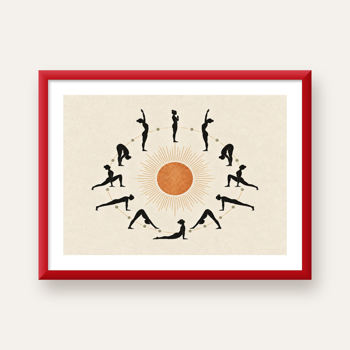 Güneş Selamı Döngüsü Yoga Poster — kırmızı çerçeveli paspartulu