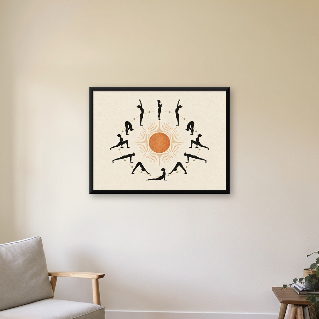 Yoga Pozları ve Güneş Minimalist Kadın Poster Sanat Baskısı — Yatay baskı, çerçeveli hâliyle bir ev duvarında