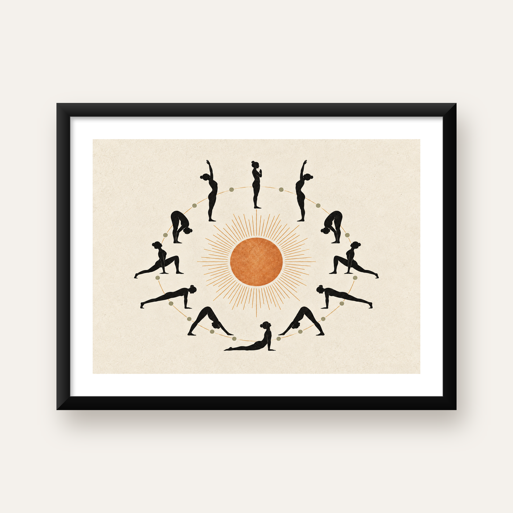Yoga Pozları ve Güneş Minimalist Kadın Poster Sanat Baskısı — Yatay baskı, beyaz kenar boşluklu
