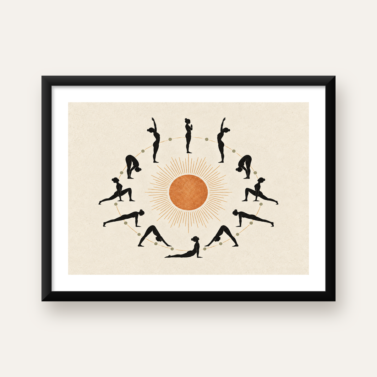 Yoga Pozları ve Güneş Minimalist Kadın Poster Sanat Baskısı — Yatay baskı, beyaz kenar boşluklu
