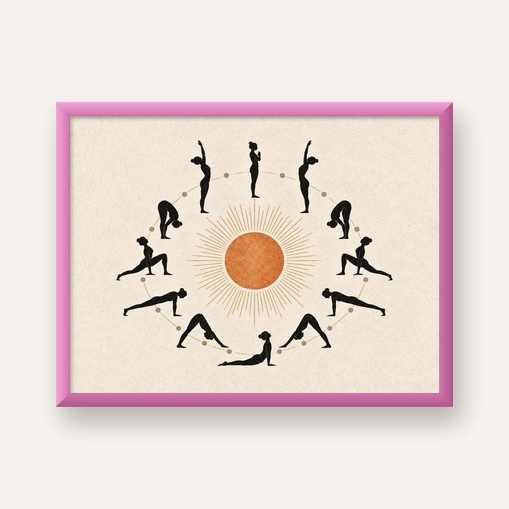 Güneş Selamı Döngüsü Yoga Poster — pembe çerçeveli