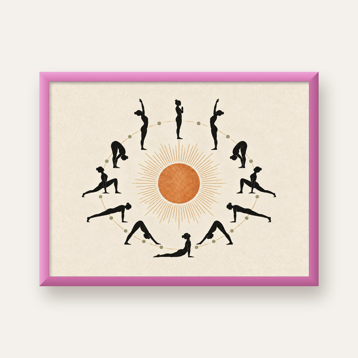 Güneş Selamı Döngüsü Yoga Poster — pembe çerçeveli