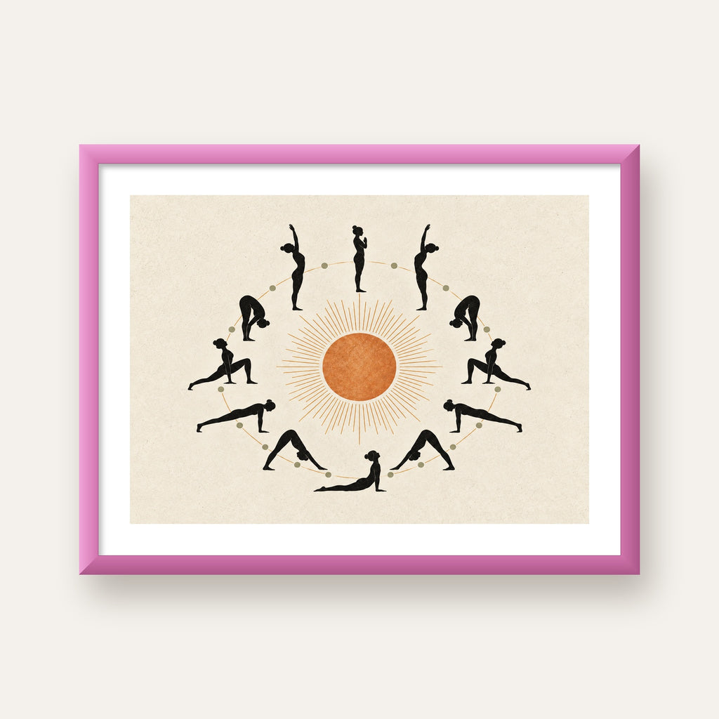 Güneş Selamı Döngüsü Yoga Poster — pembe çerçeveli paspartulu