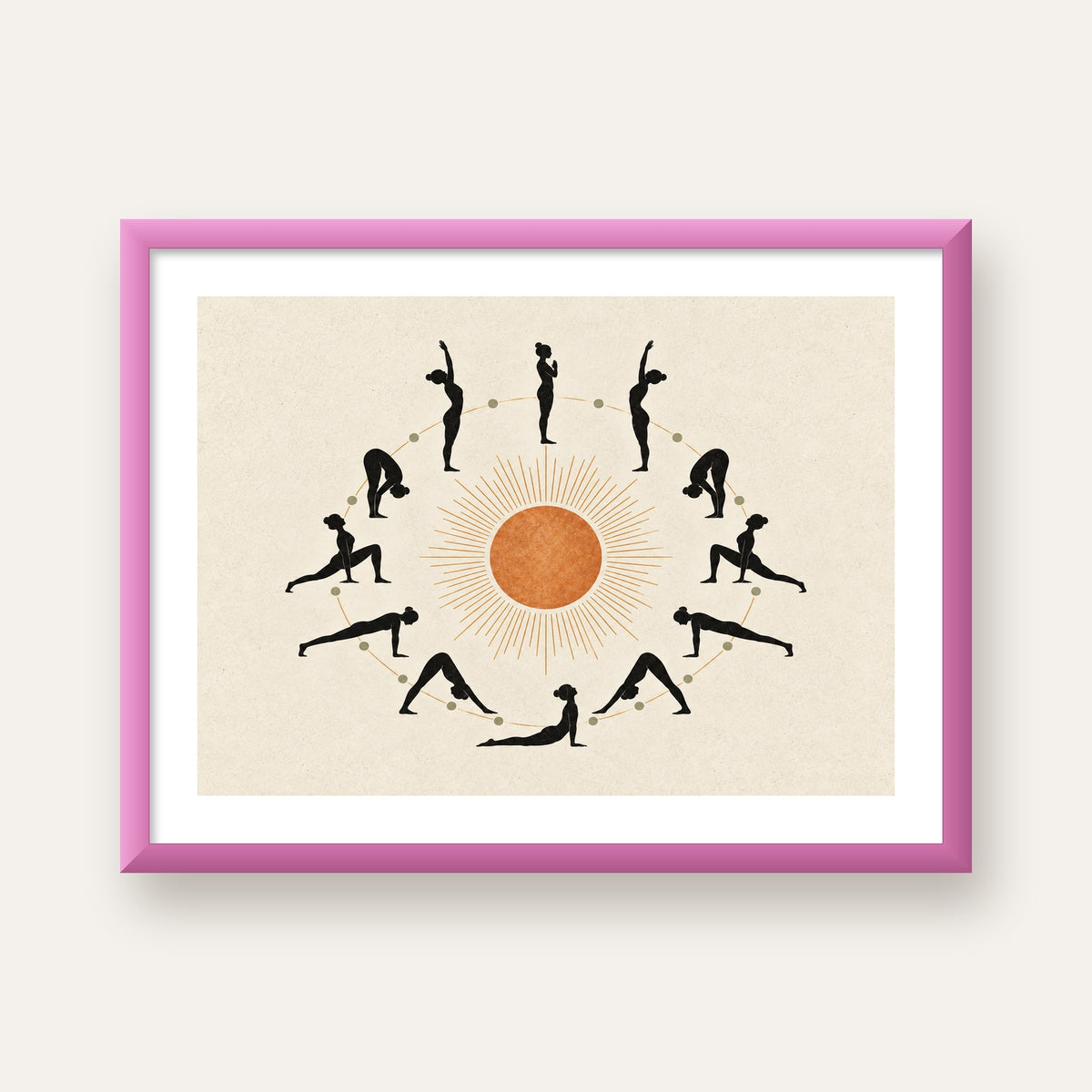 Güneş Selamı Döngüsü Yoga Poster — pembe çerçeveli paspartulu