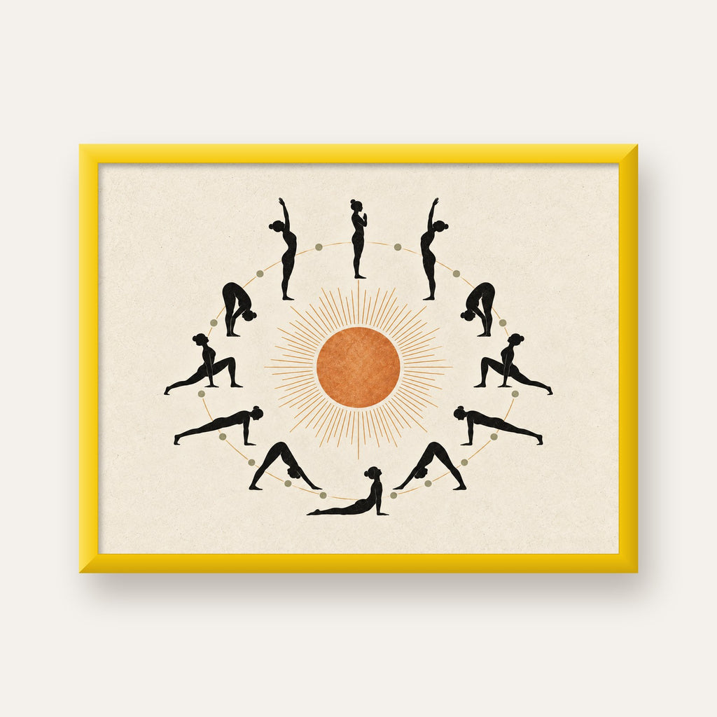 Güneş Selamı Döngüsü Yoga Poster — sarı çerçeveli