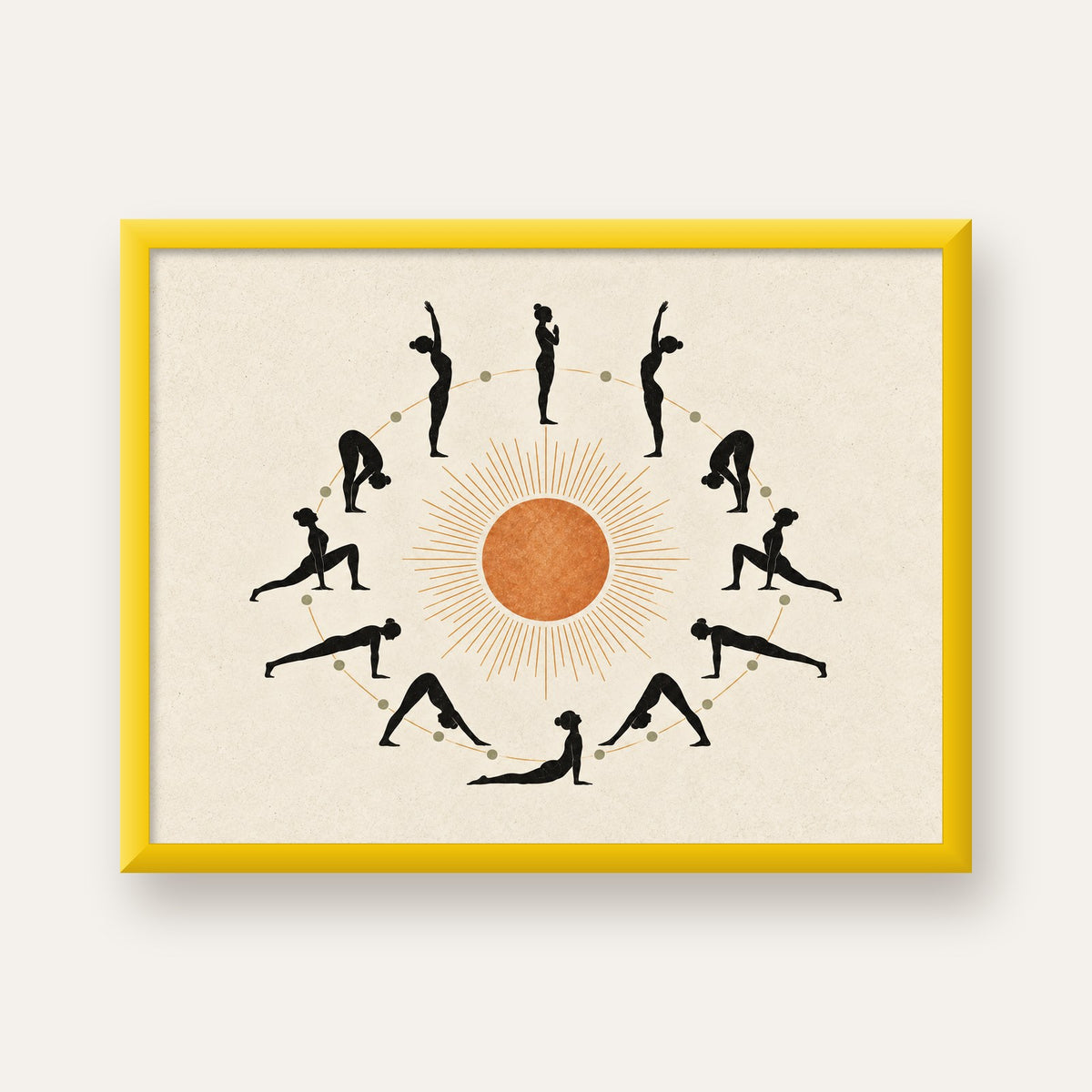 Güneş Selamı Döngüsü Yoga Poster — sarı çerçeveli