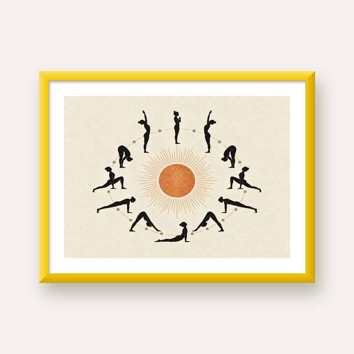 Güneş Selamı Döngüsü Yoga Poster — sarı çerçeveli paspartulu