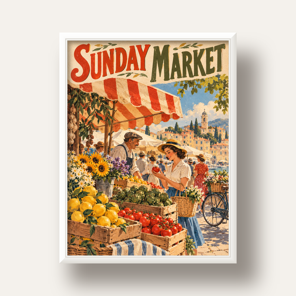 Sunday Market Vintage Pazar Yeri Afişi — beyaz derin çerçeveli