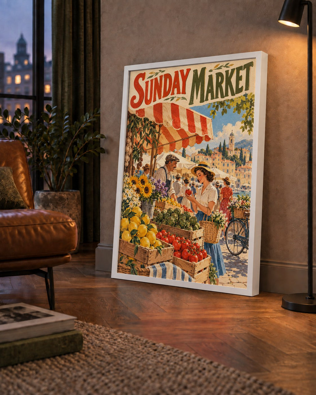 Sunday Market Vintage Pazar Yeri Afişi — çerçeveli hâliyle bir ev duvarında
