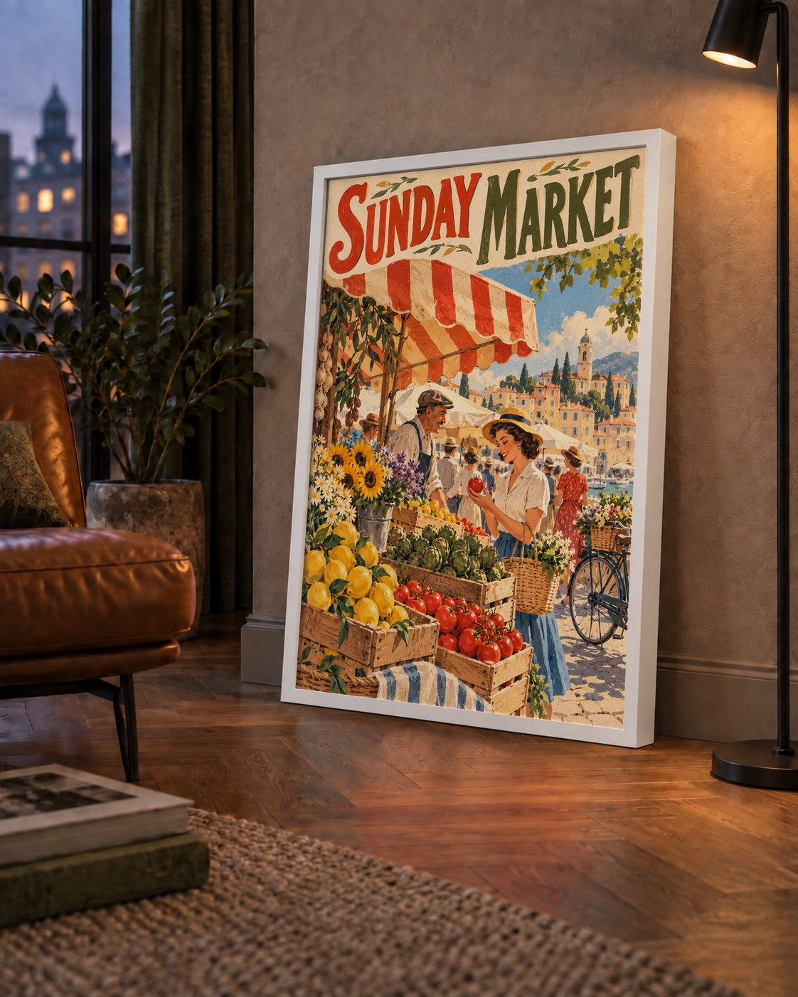 Sunday Market Vintage Pazar Yeri Afişi — çerçeveli hâliyle bir ev duvarında