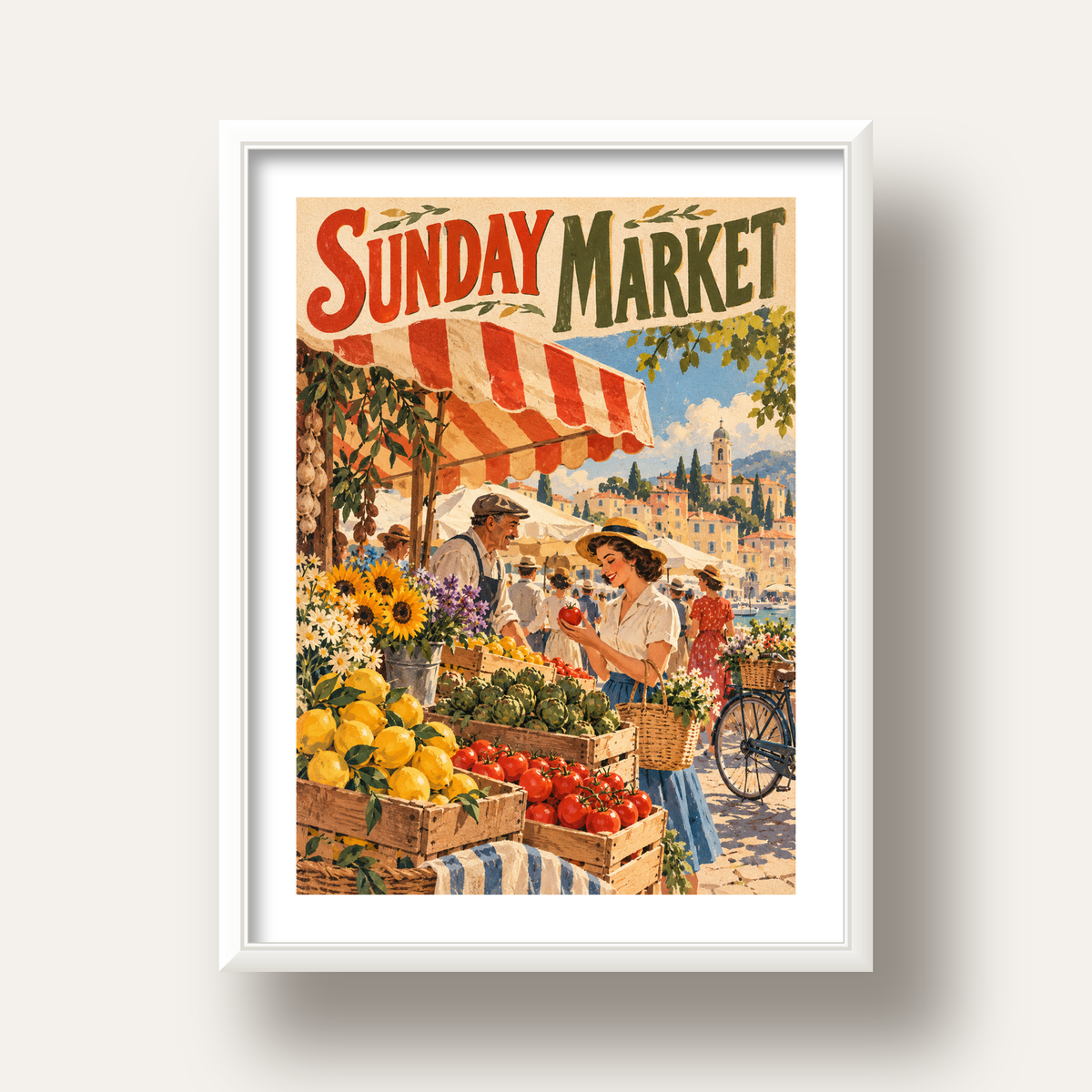 Sunday Market Vintage Pazar Yeri Afişi — beyaz derin çerçeveli paspartulu