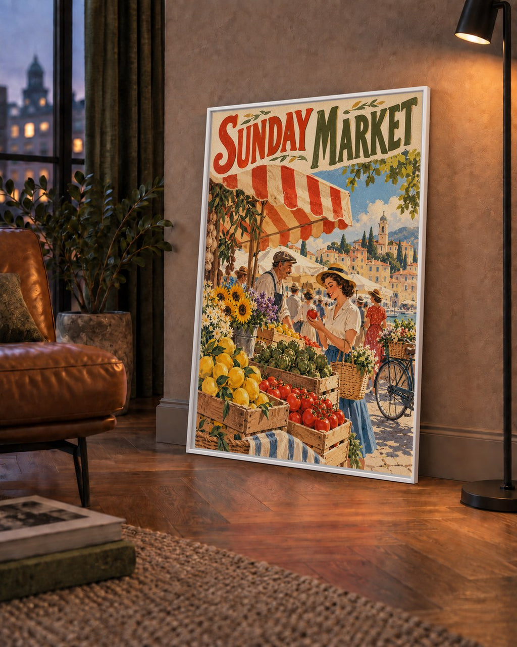 Sunday Market Vintage Pazar Yeri Afişi — çerçeveli hâliyle bir ev duvarında