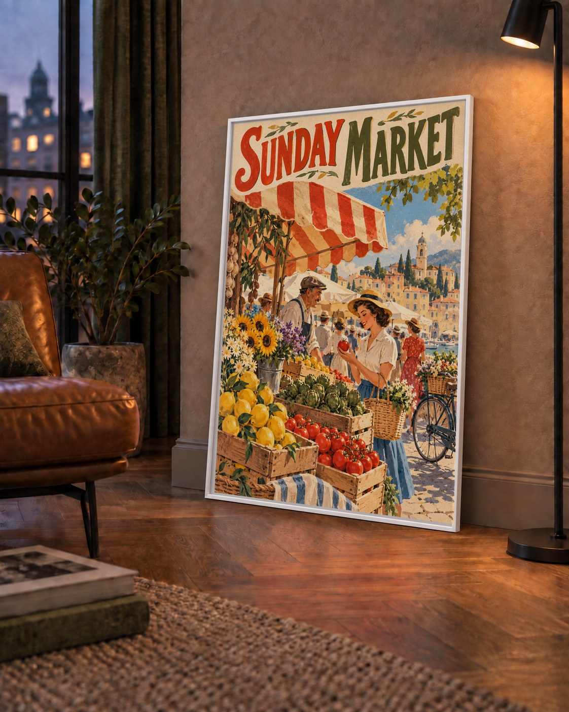 Sunday Market Vintage Pazar Yeri Afişi — çerçeveli hâliyle bir ev duvarında