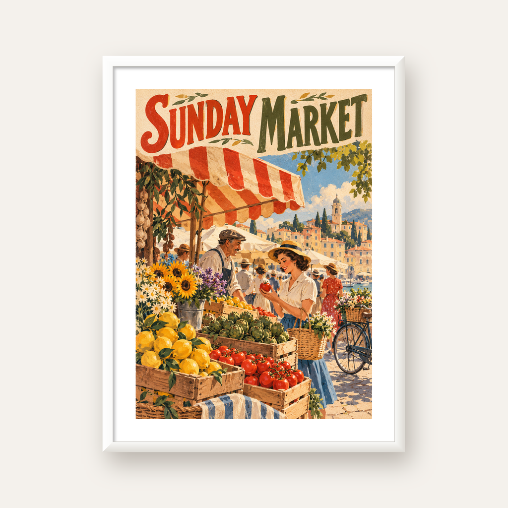 Sunday Market Vintage Pazar Yeri Afişi — beyaz çerçeveli dikey poster