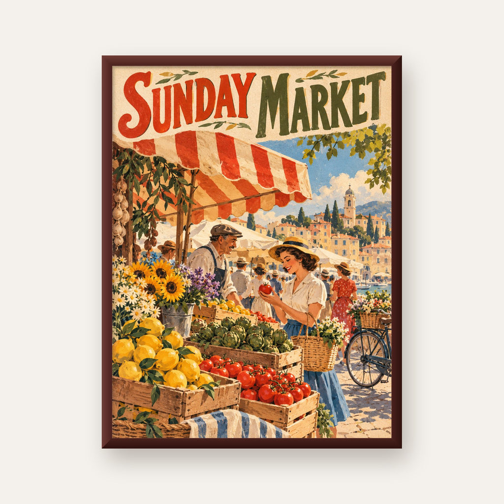 Sunday Market Vintage Pazar Yeri Afişi — ceviz çerçeveli