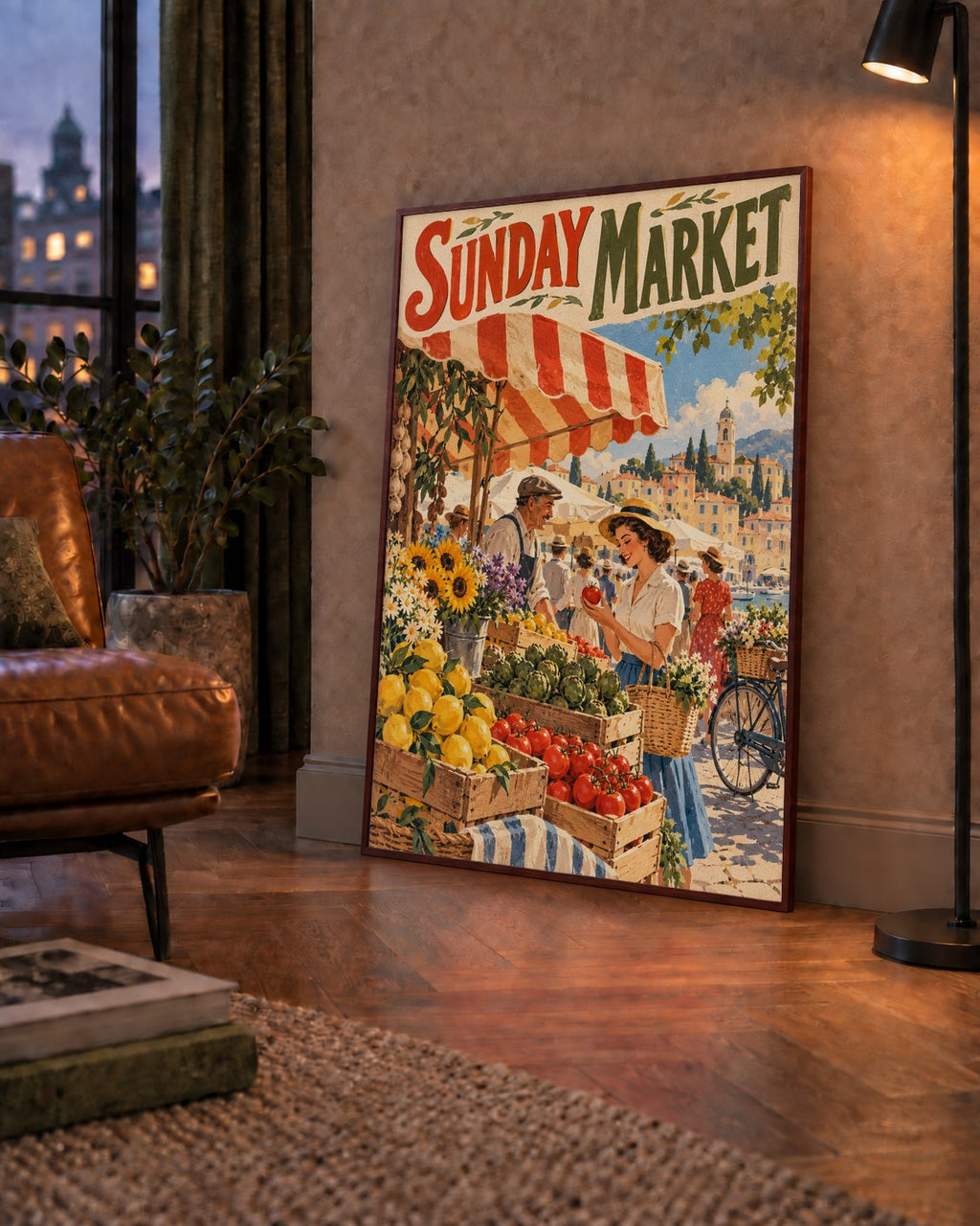 Sunday Market Vintage Pazar Yeri Afişi — çerçeveli hâliyle bir ev duvarında