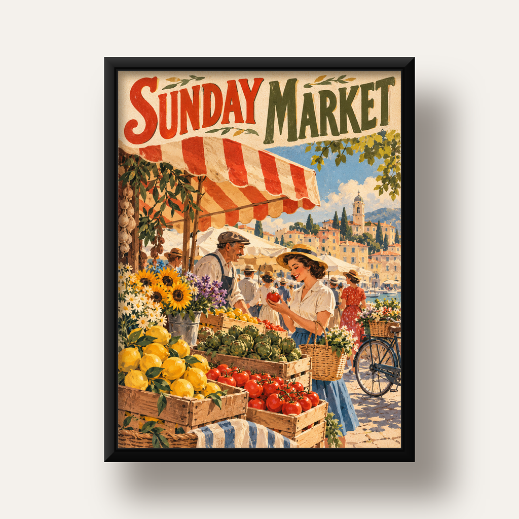 Sunday Market Vintage Pazar Yeri Afişi — siyah derin çerçeveli