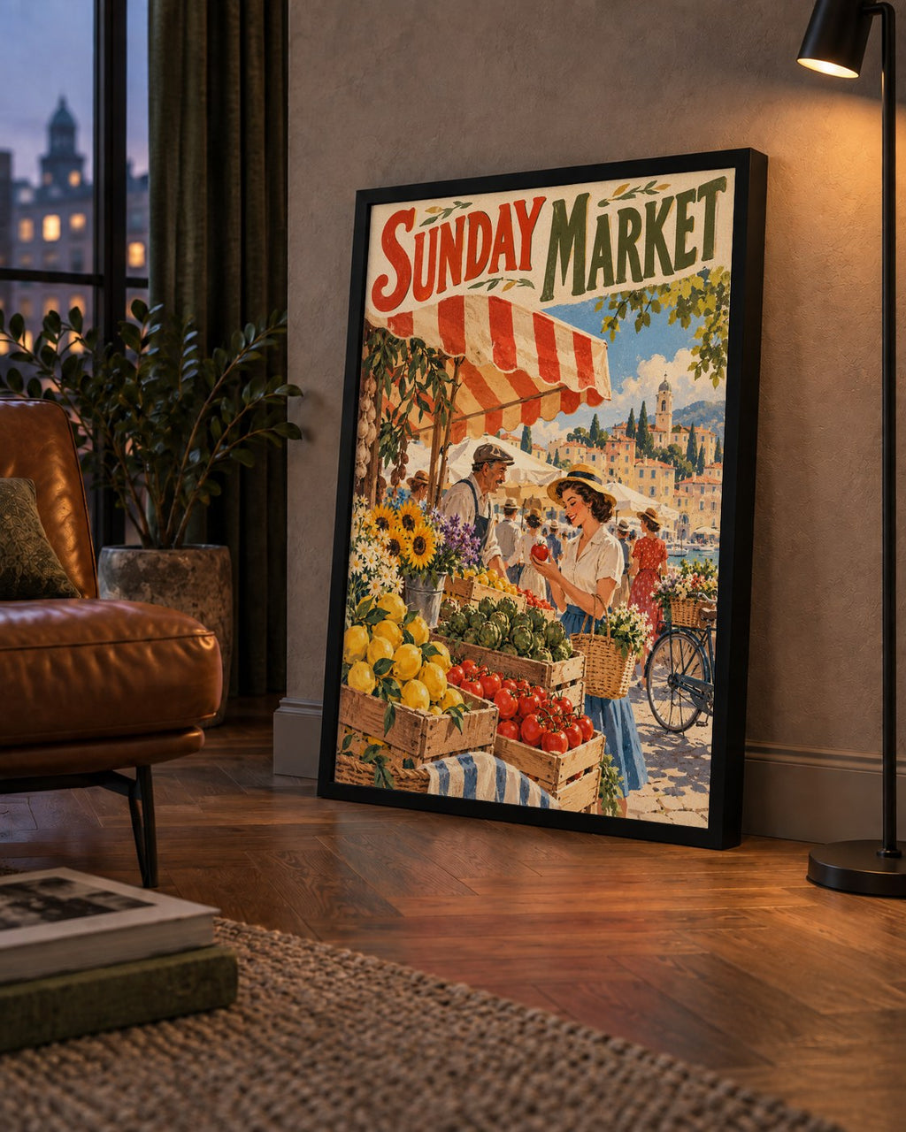 Sunday Market Vintage Pazar Yeri Afişi — çerçeveli hâliyle bir ev duvarında