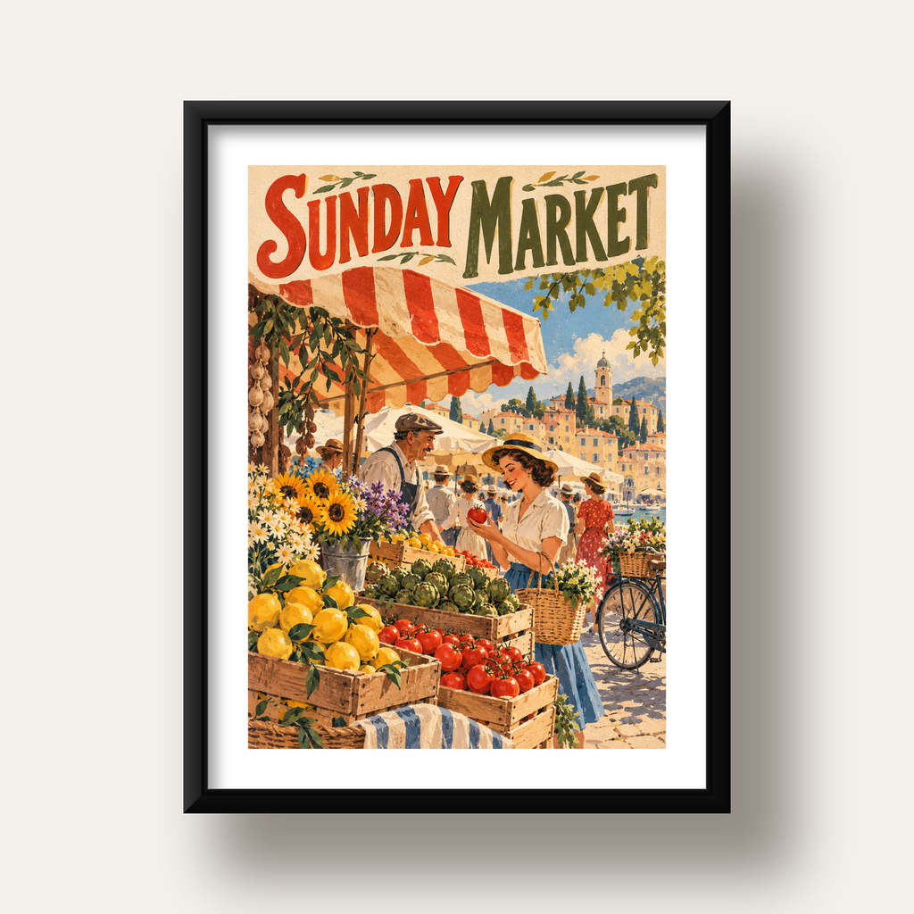 Sunday Market Vintage Pazar Yeri Afişi — siyah derin çerçeveli paspartulu