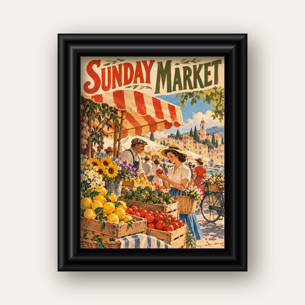 Sunday Market Vintage Pazar Yeri Afişi — siyah galeri çerçeveli