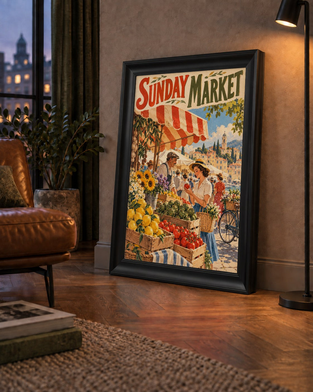 Sunday Market Vintage Pazar Yeri Afişi — çerçeveli hâliyle bir ev duvarında