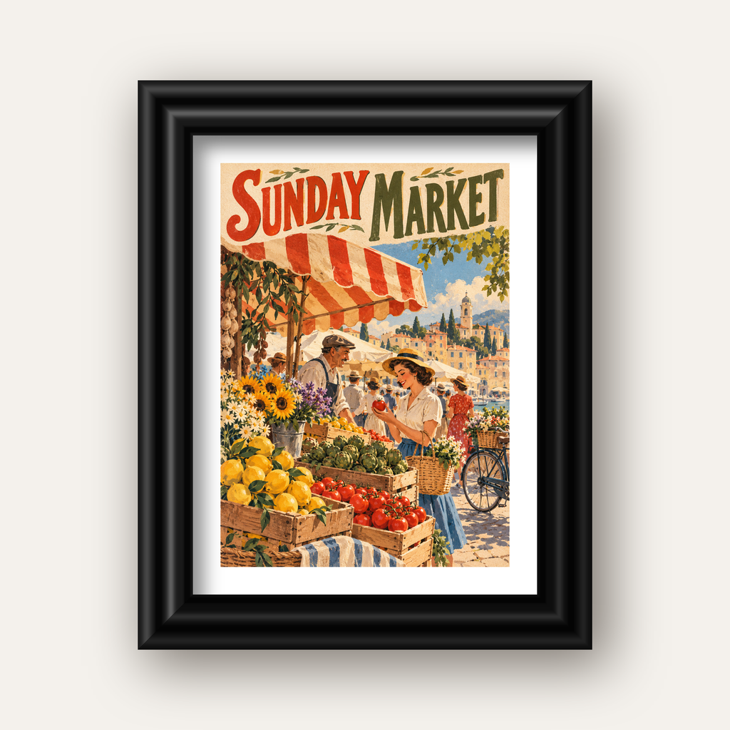 Sunday Market Vintage Pazar Yeri Afişi — siyah galeri çerçeveli paspartulu