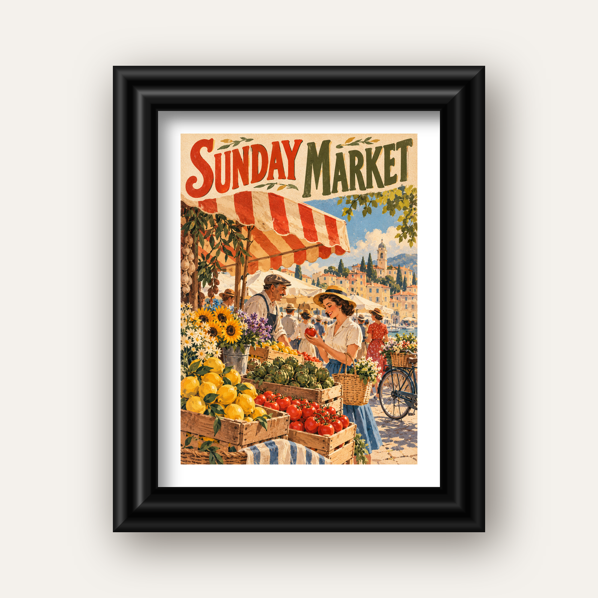 Sunday Market Vintage Pazar Yeri Afişi — siyah galeri çerçeveli paspartulu