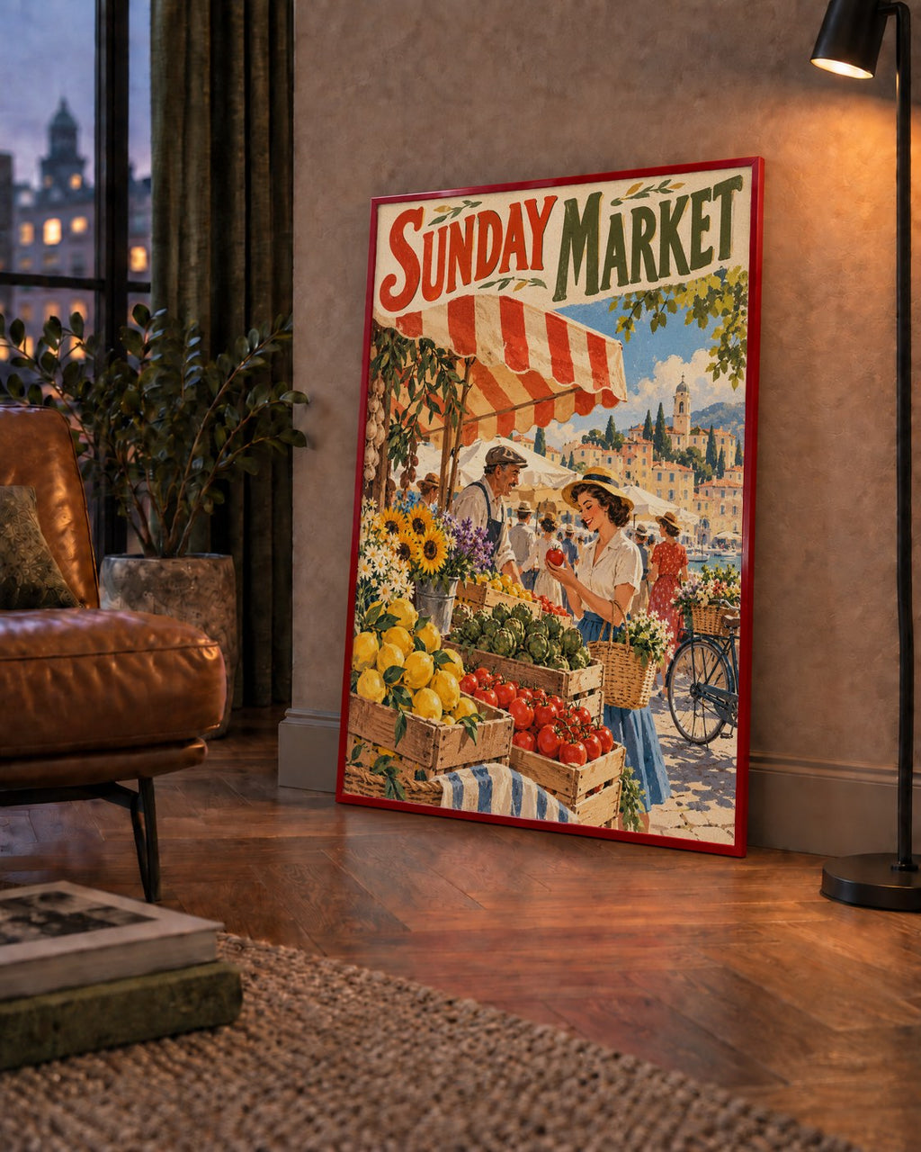 Sunday Market Vintage Pazar Yeri Afişi — çerçeveli hâliyle bir ev duvarında
