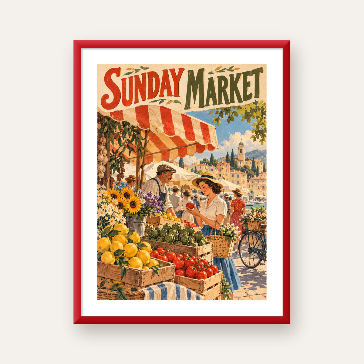 Sunday Market Vintage Pazar Yeri Afişi — kırmızı çerçeveli paspartulu