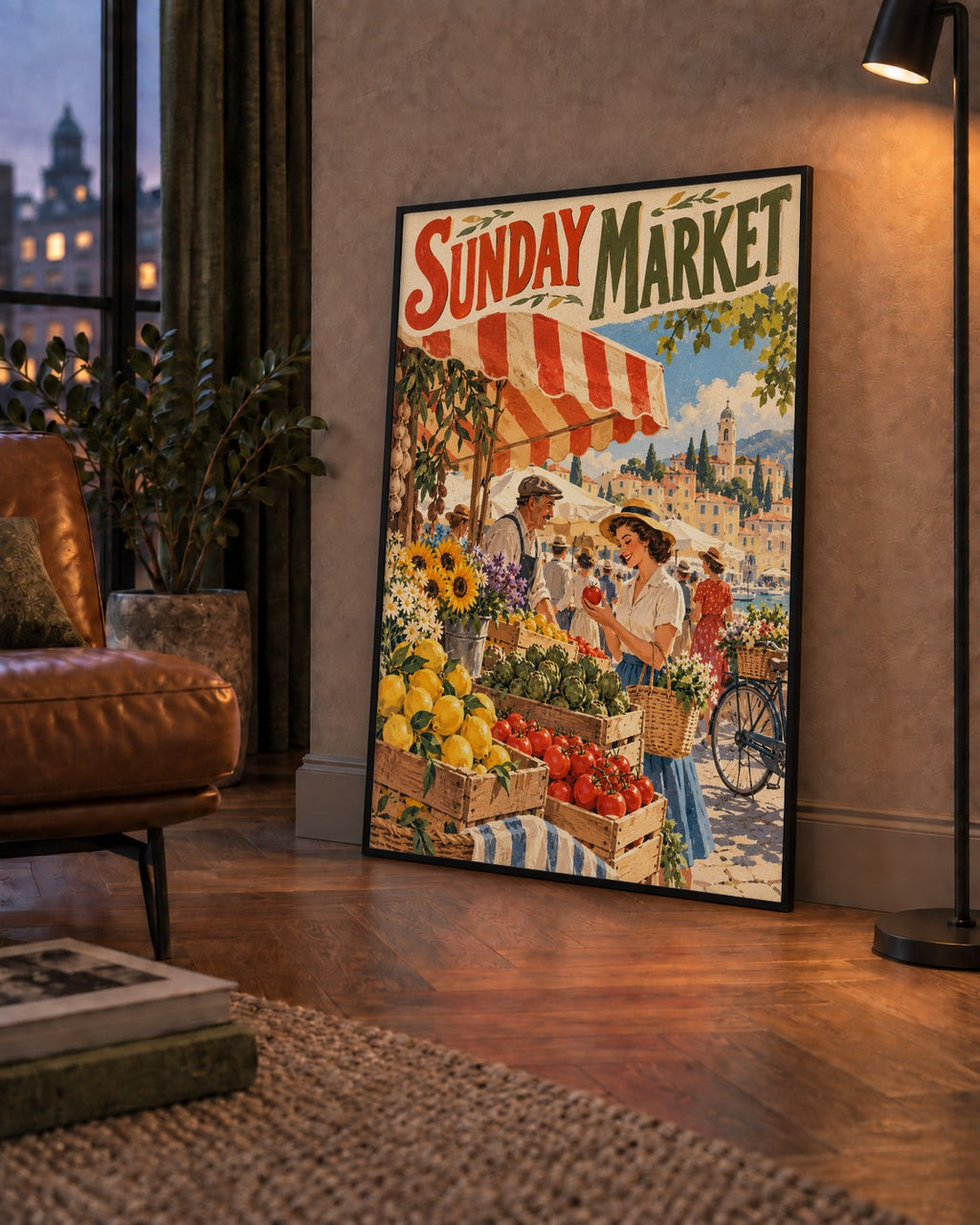 Sunday Market Vintage Pazar Yeri Afişi — çerçeveli hâliyle bir ev duvarında