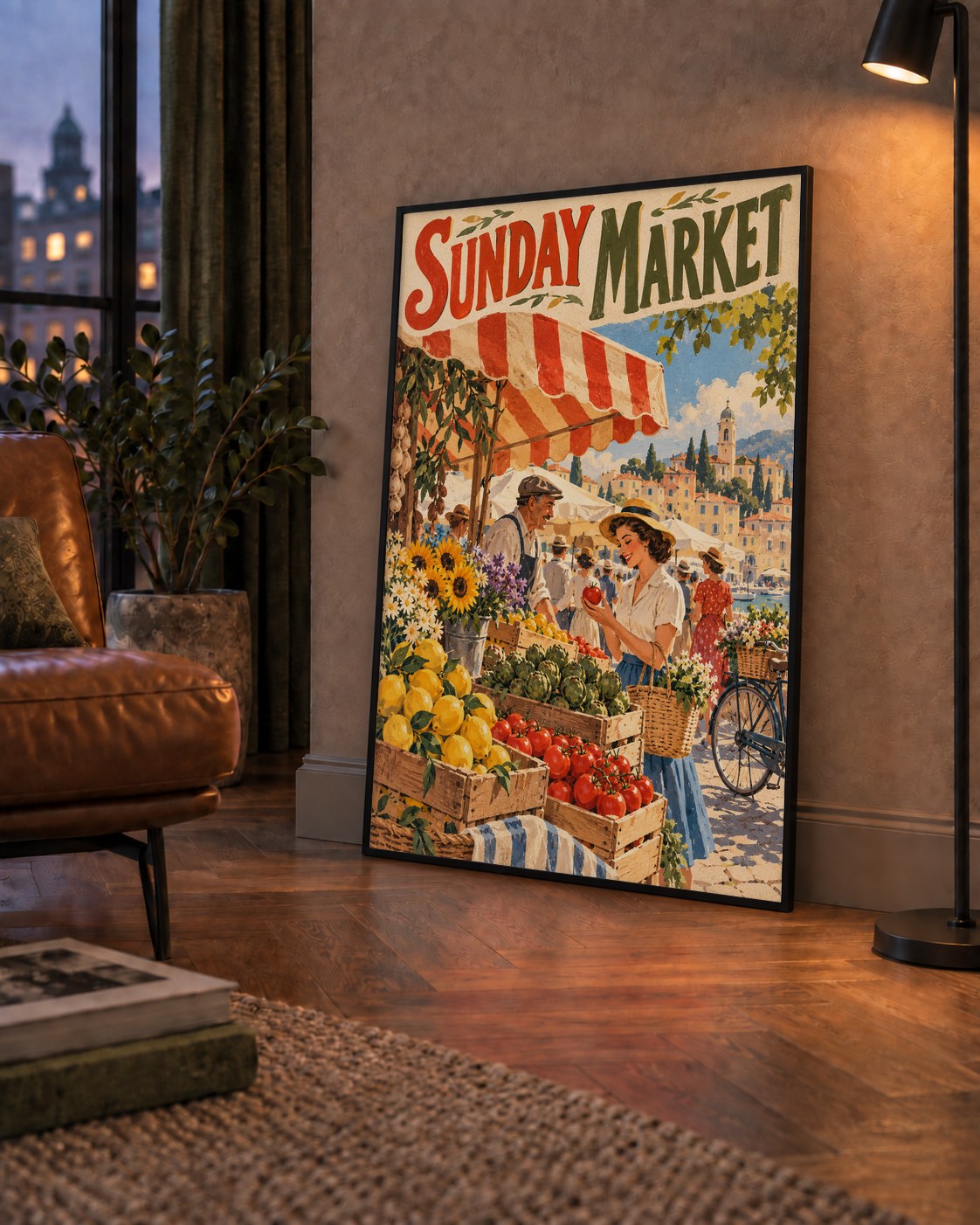 Sunday Market Vintage Pazar Yeri Afişi — çerçeveli hâliyle bir ev duvarında