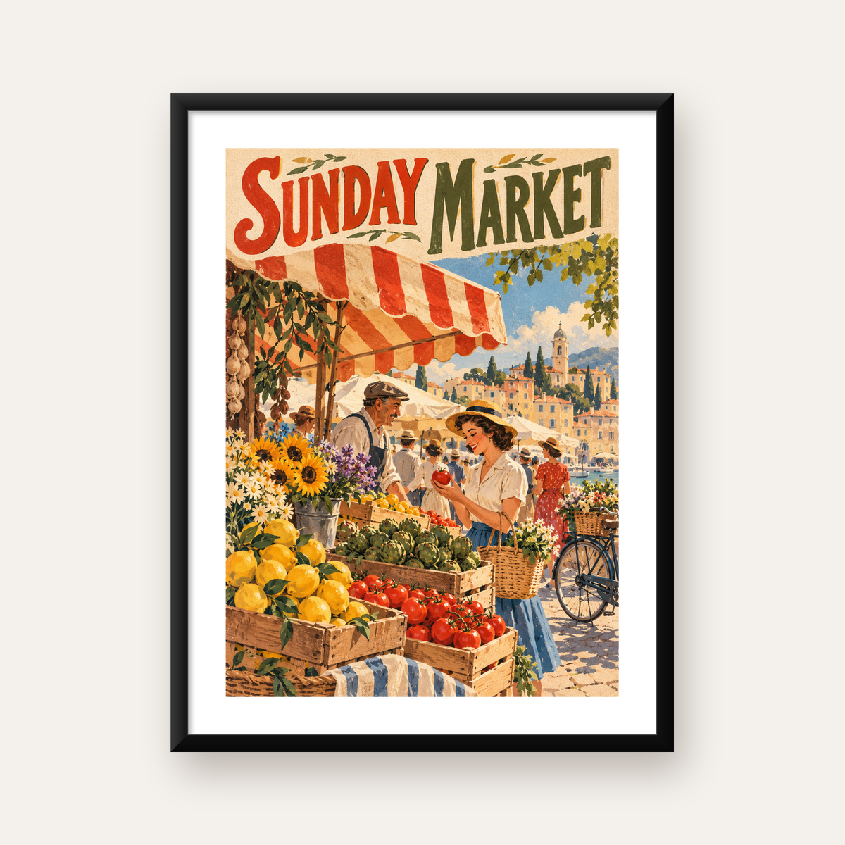 Retro Pazar Yeri İllüstrasyonu Renkli Duvar Posteri — Dikey baskı, beyaz kenar boşluklu