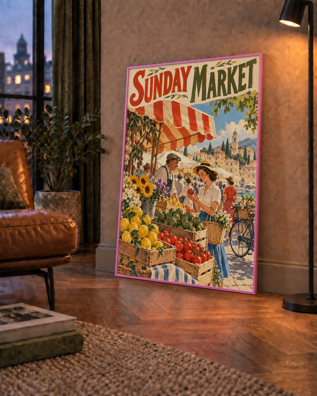 Sunday Market Vintage Pazar Yeri Afişi — çerçeveli hâliyle bir ev duvarında