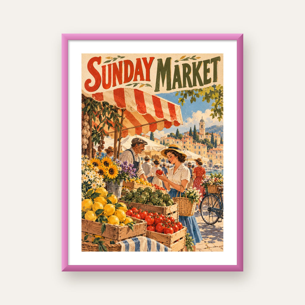 Sunday Market Vintage Pazar Yeri Afişi — pembe çerçeveli paspartulu