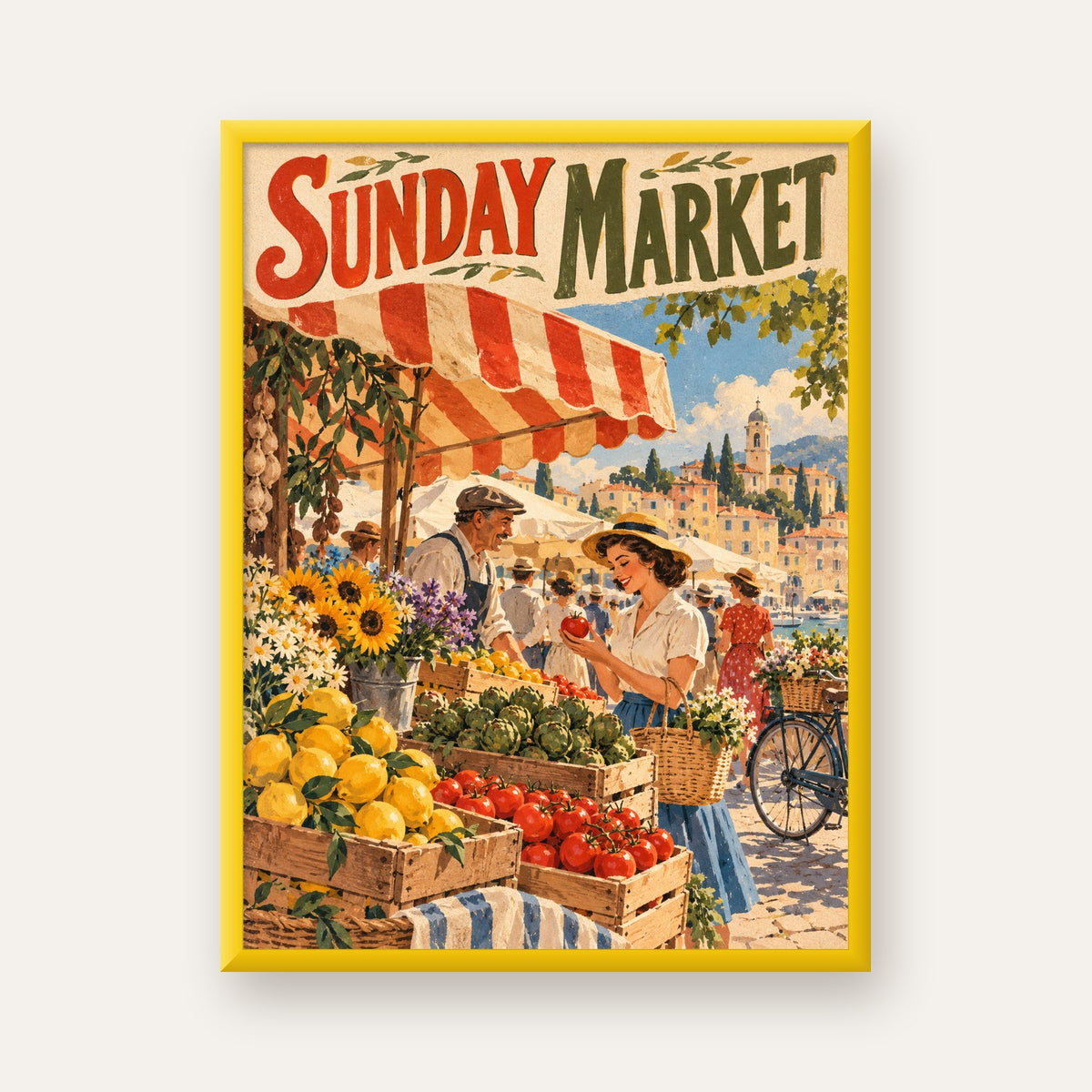 Sunday Market Vintage Pazar Yeri Afişi — sarı çerçeveli