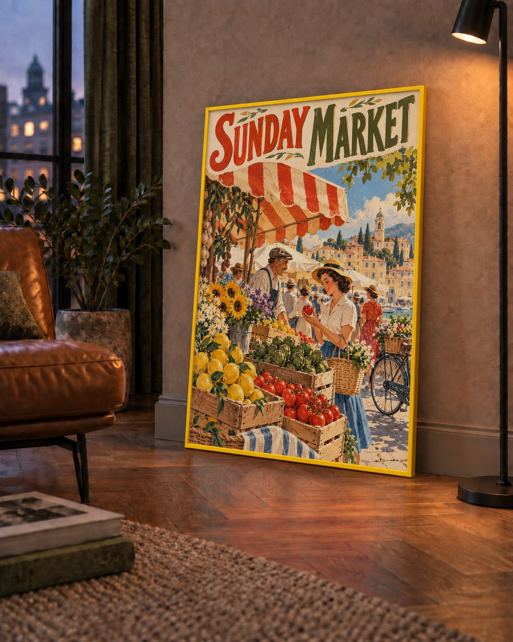 Sunday Market Vintage Pazar Yeri Afişi — çerçeveli hâliyle bir ev duvarında