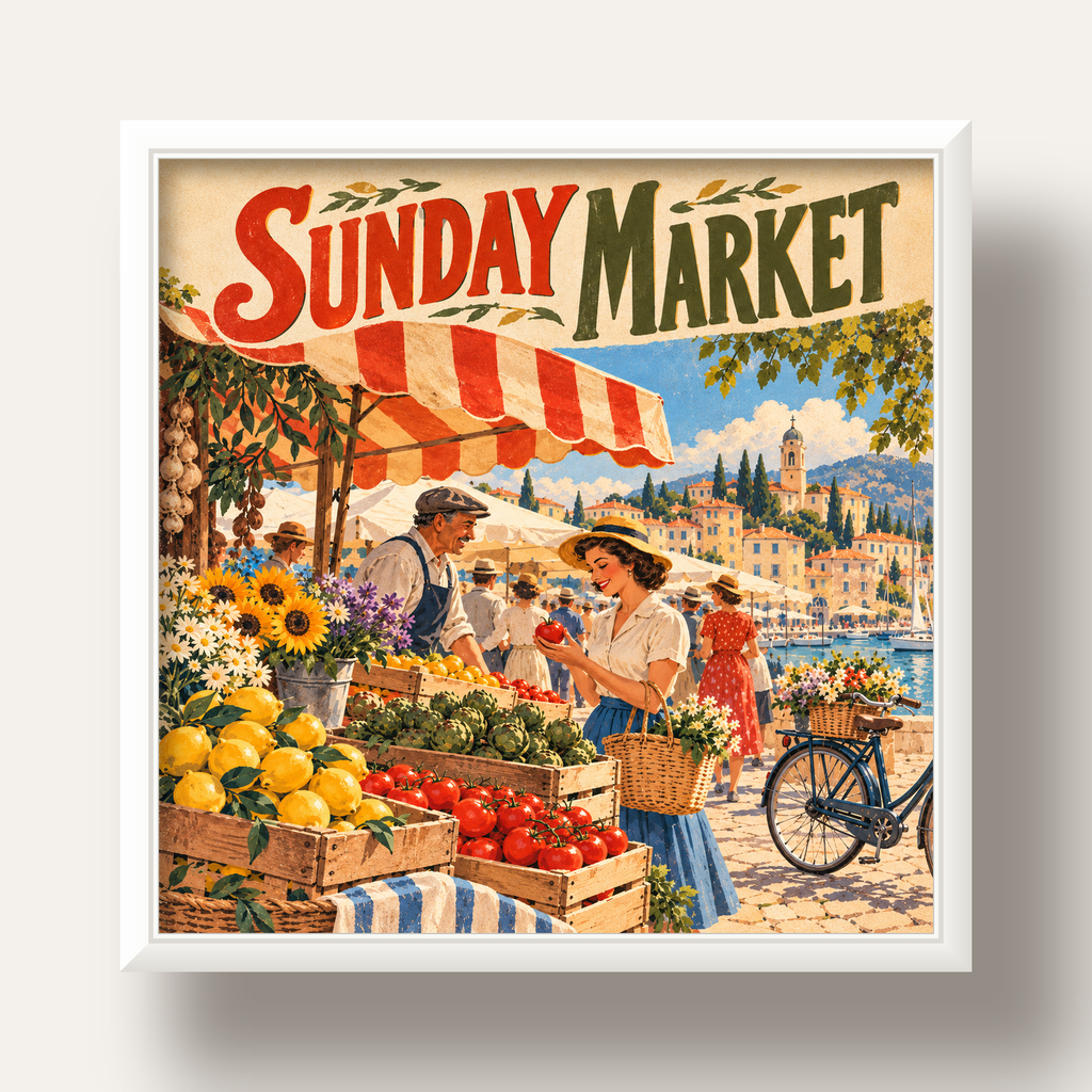 Sunday Market Vintage Pazar Yeri Afişi — beyaz derin çerçeveli