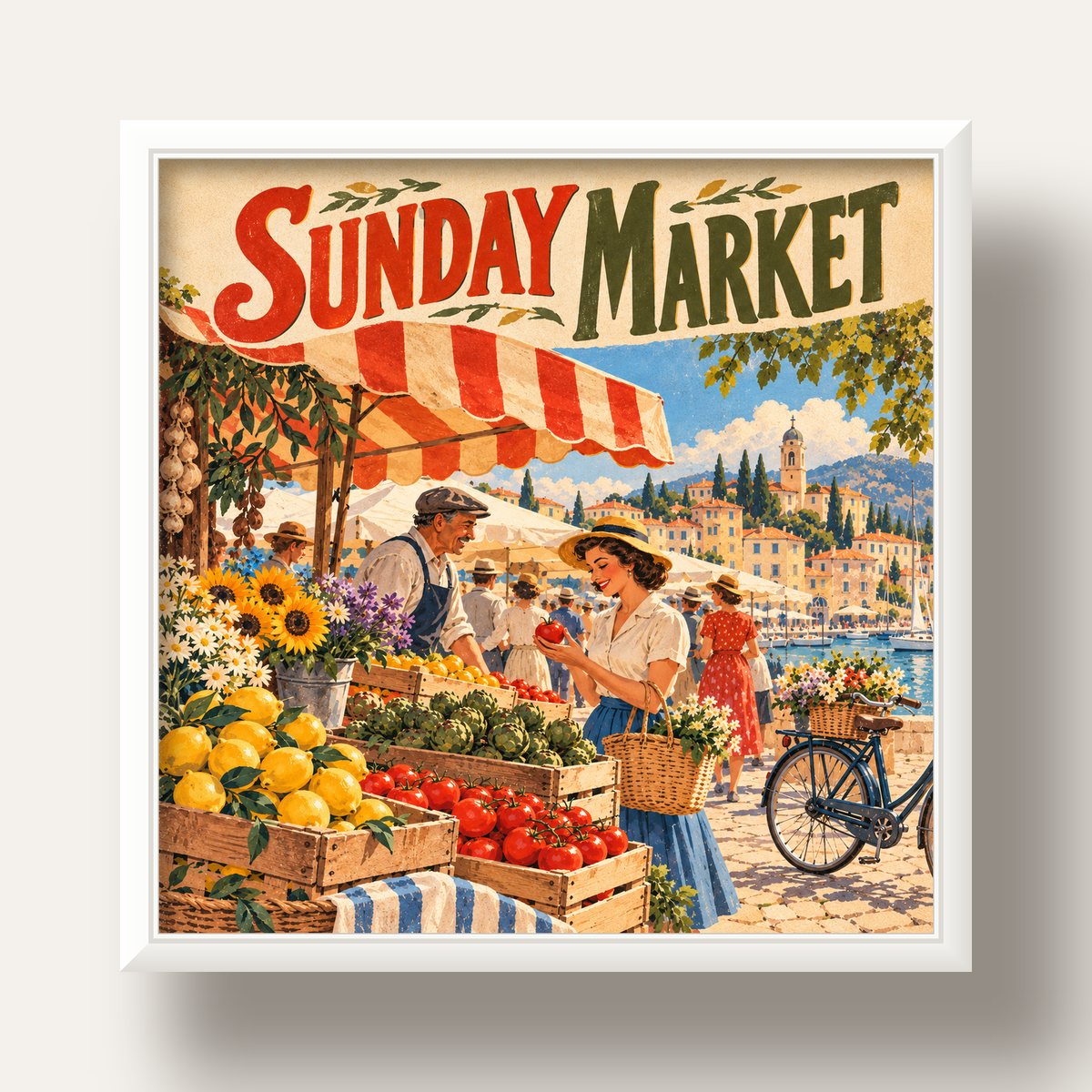 Sunday Market Vintage Pazar Yeri Afişi — beyaz derin çerçeveli