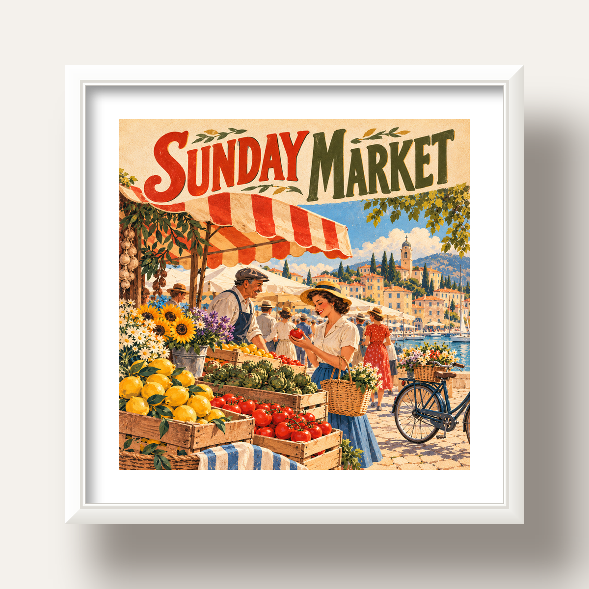 Sunday Market Vintage Pazar Yeri Afişi — beyaz derin çerçeveli paspartulu