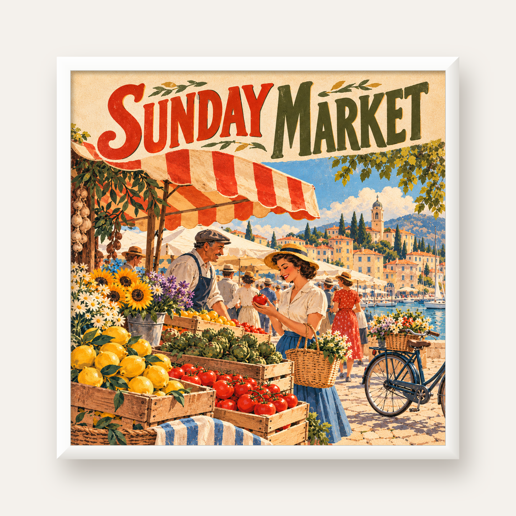 Sunday Market Vintage Pazar Yeri Afişi — beyaz çerçeveli kare poster