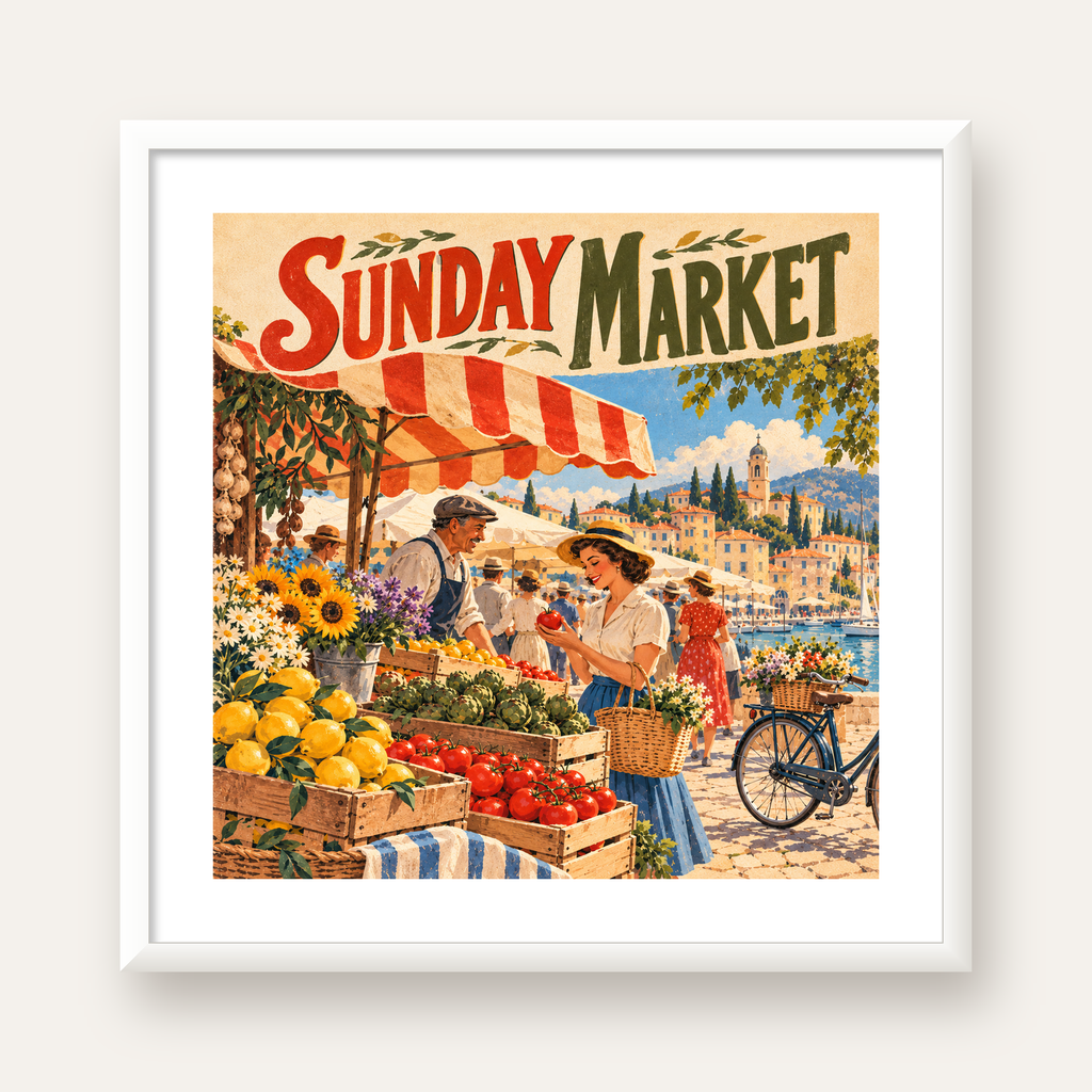 Sunday Market Vintage Pazar Yeri Afişi — beyaz çerçeveli kare poster