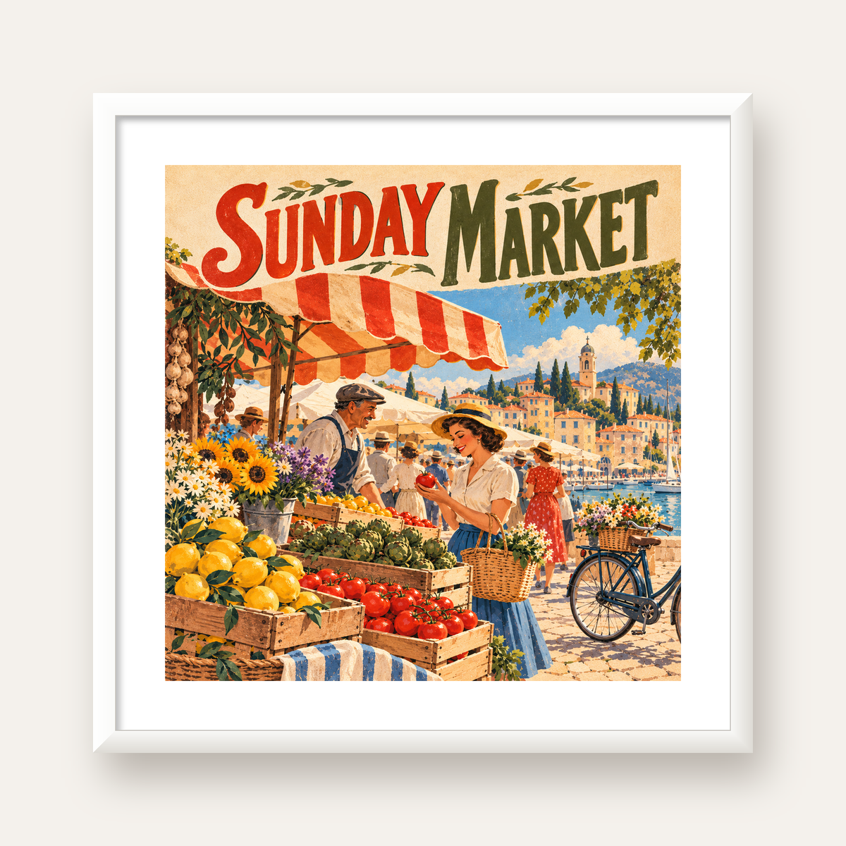 Sunday Market Vintage Pazar Yeri Afişi — beyaz çerçeveli kare poster
