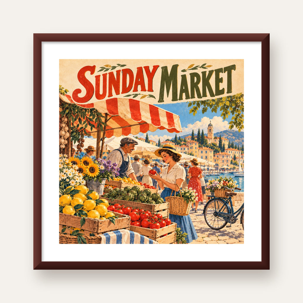 Sunday Market Vintage Pazar Yeri Afişi — ceviz çerçeveli paspartulu