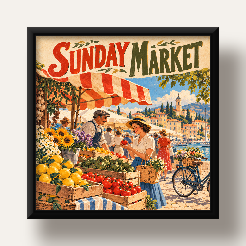 Sunday Market Vintage Pazar Yeri Afişi — siyah derin çerçeveli
