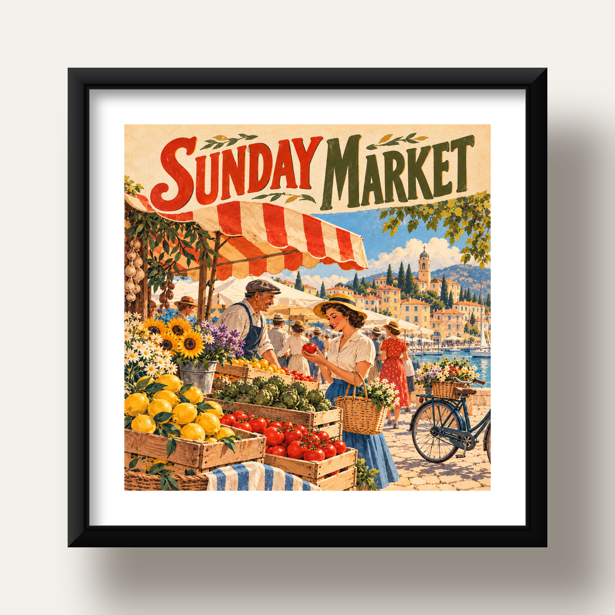 Sunday Market Vintage Pazar Yeri Afişi — siyah derin çerçeveli paspartulu