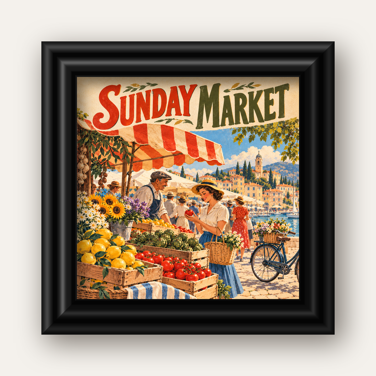 Sunday Market Vintage Pazar Yeri Afişi — siyah galeri çerçeveli